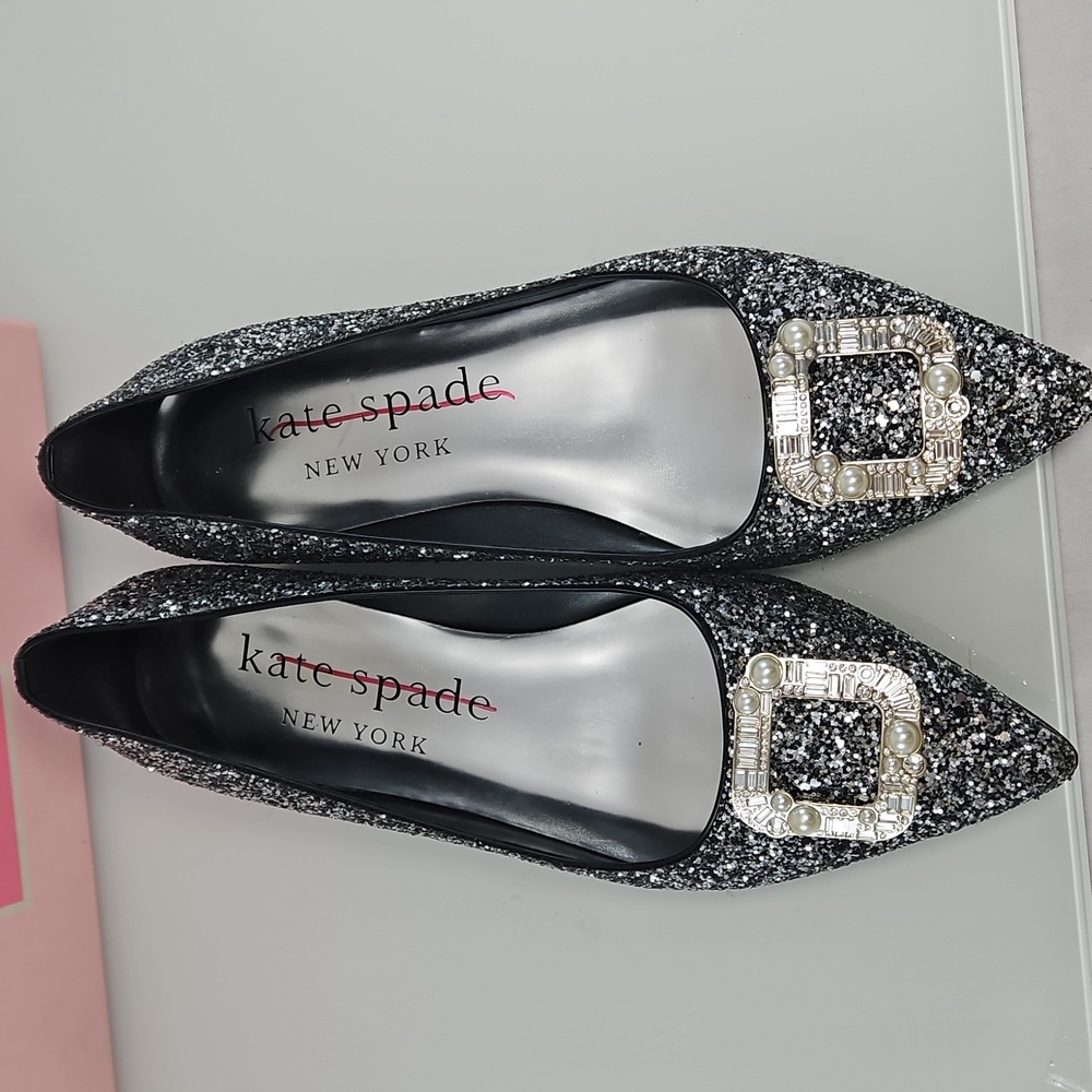 Kate Spade Silver Buckle Up Glitter Flats Size 38.5 - Picture 11 of 16